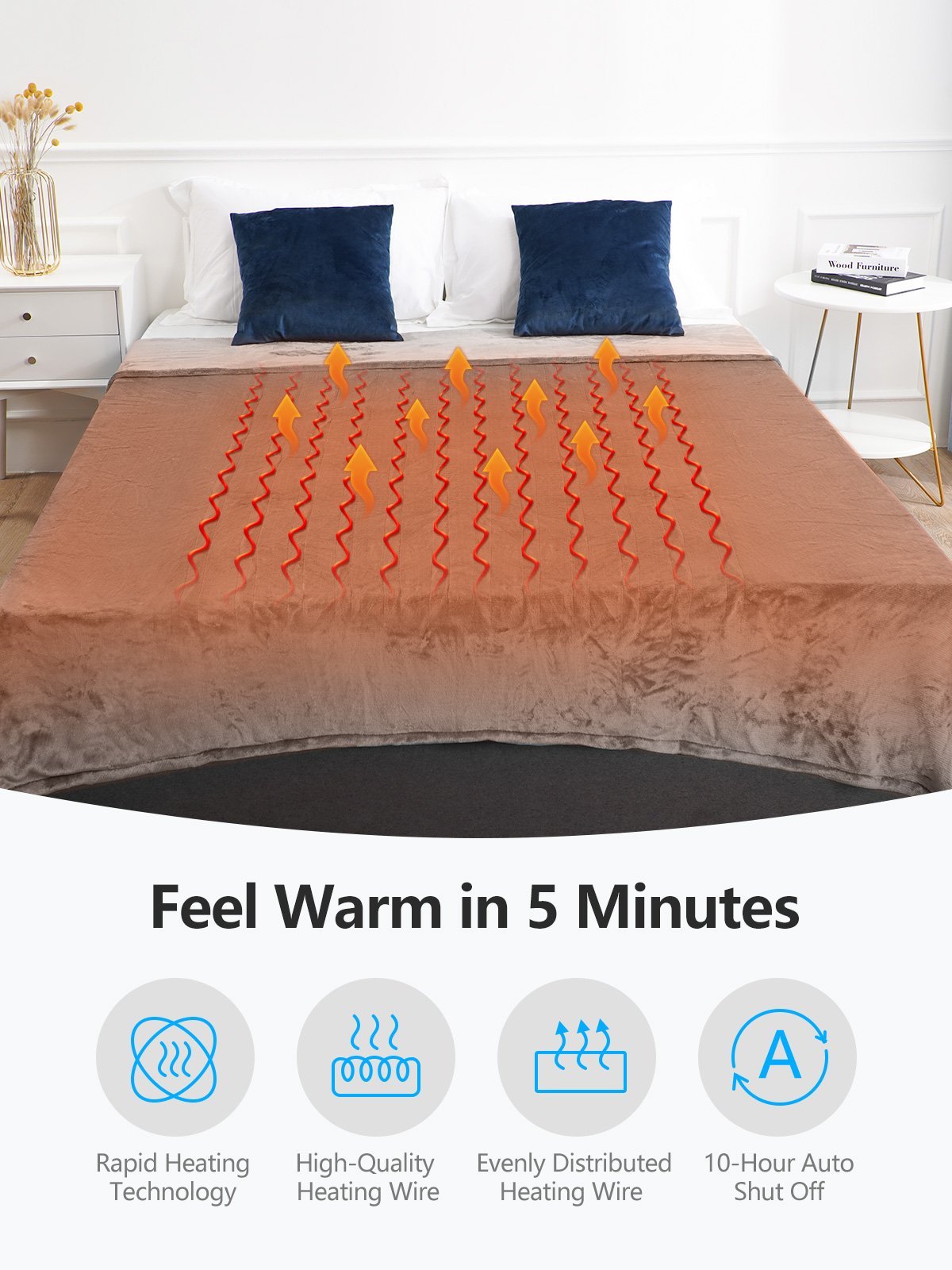 Electric Heated Blanket Full 72"x84"Oversized Flannel Heated Blanketfor Whole Body Warming, ETL and FCC Certification Fast Heating with 4 Heating Levels & 10 Hours Auto Off, Machine Washable - NAIPO