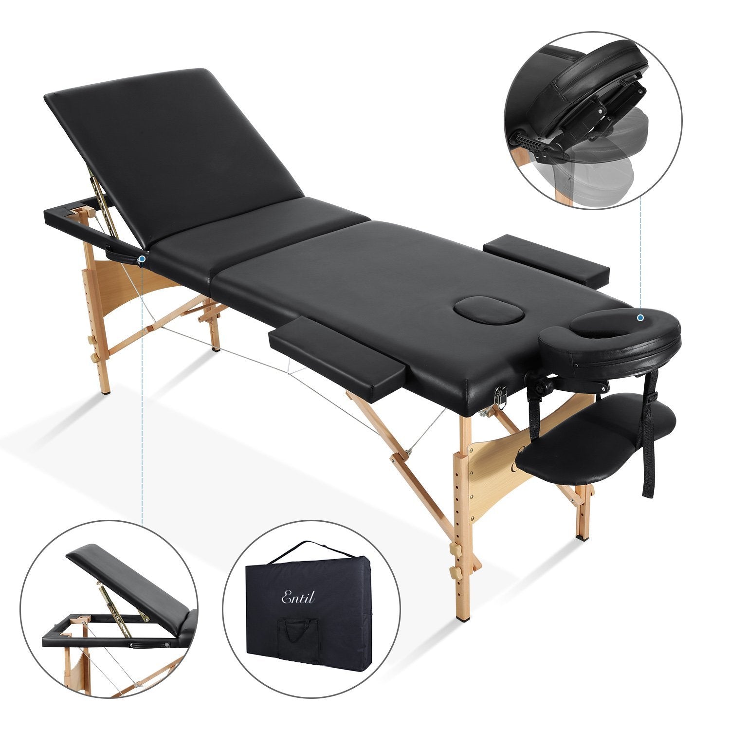 Load image into Gallery viewer, Entil Massage Table Spa Bed Portable 3 Sections Wooden Legs with Face Hole Carrying Bag - NAIPO
