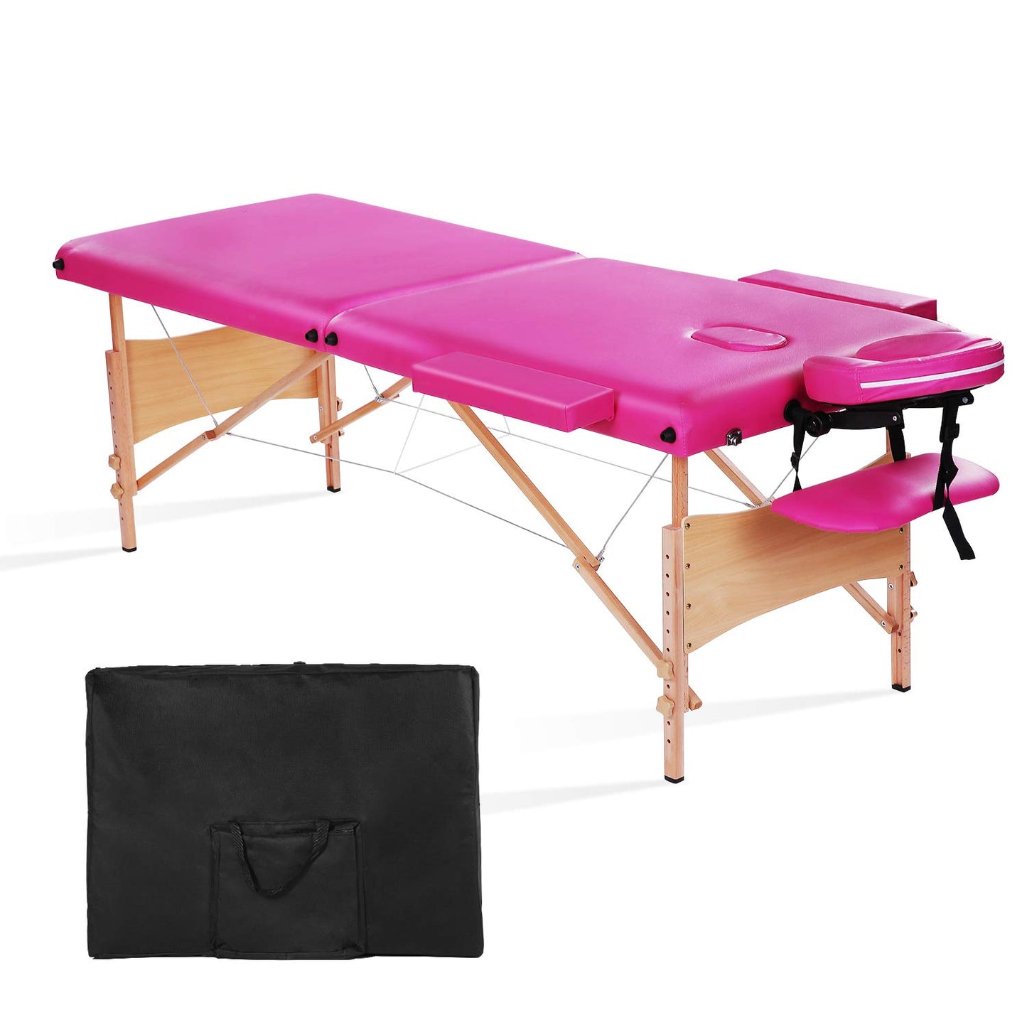 Maxkare Portable Folding Massage Table 2 Section with Headrest, Armrest, and Hand Pallet, 496lbs Capacity, Pink