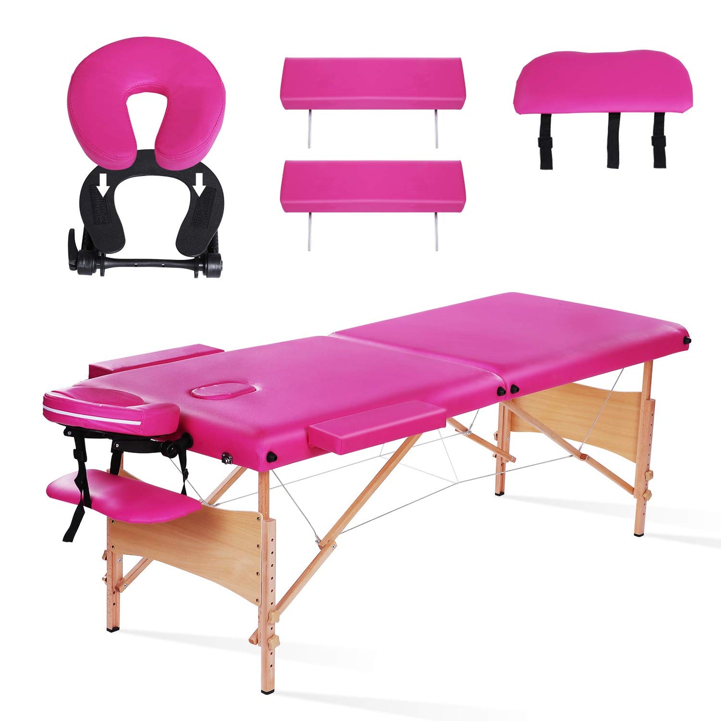 Maxkare Portable Folding Massage Table 2 Section with Headrest, Armrest, and Hand Pallet, 496lbs Capacity, Pink