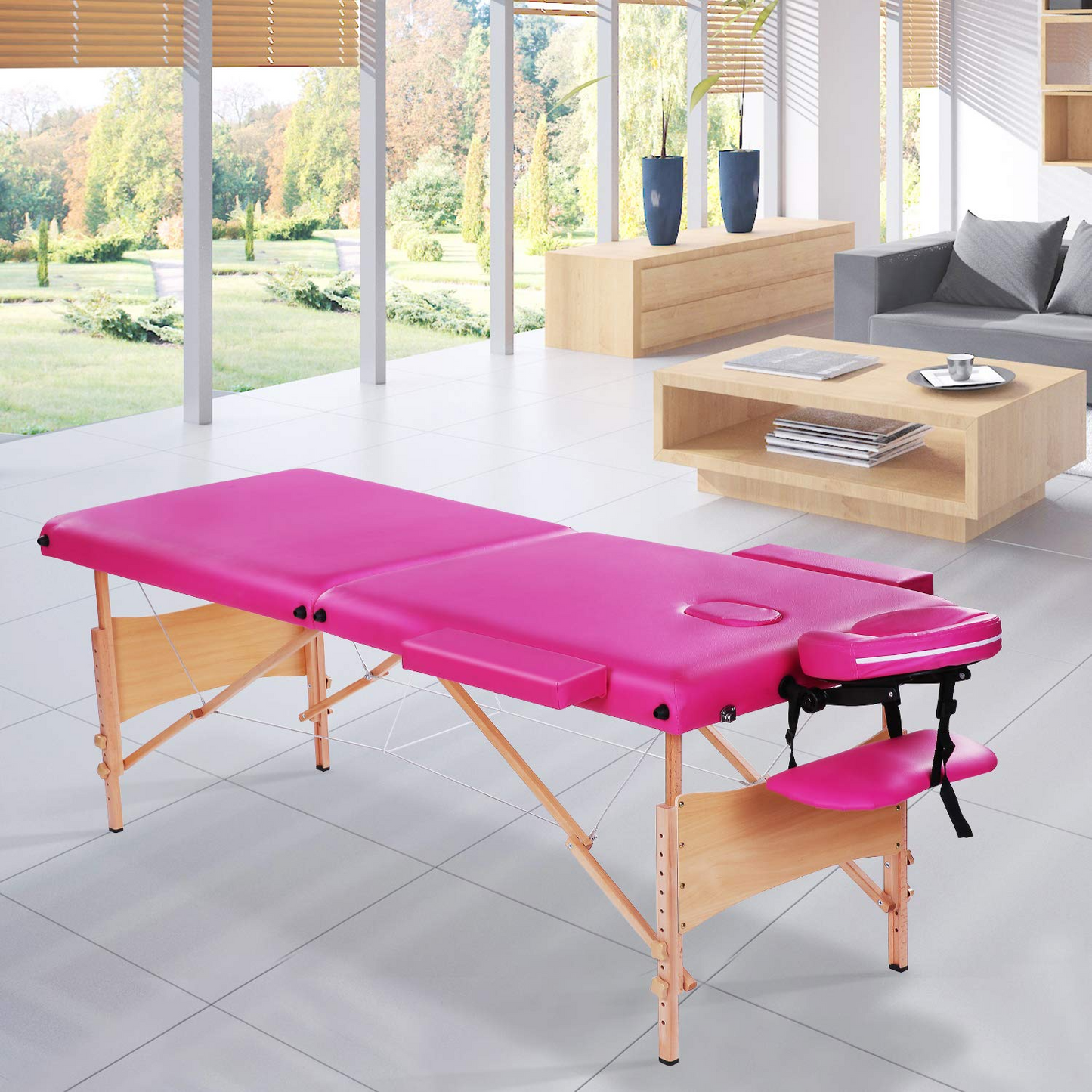 Maxkare Portable Folding Massage Table 2 Section with Headrest, Armrest, and Hand Pallet, 496lbs Capacity, Pink