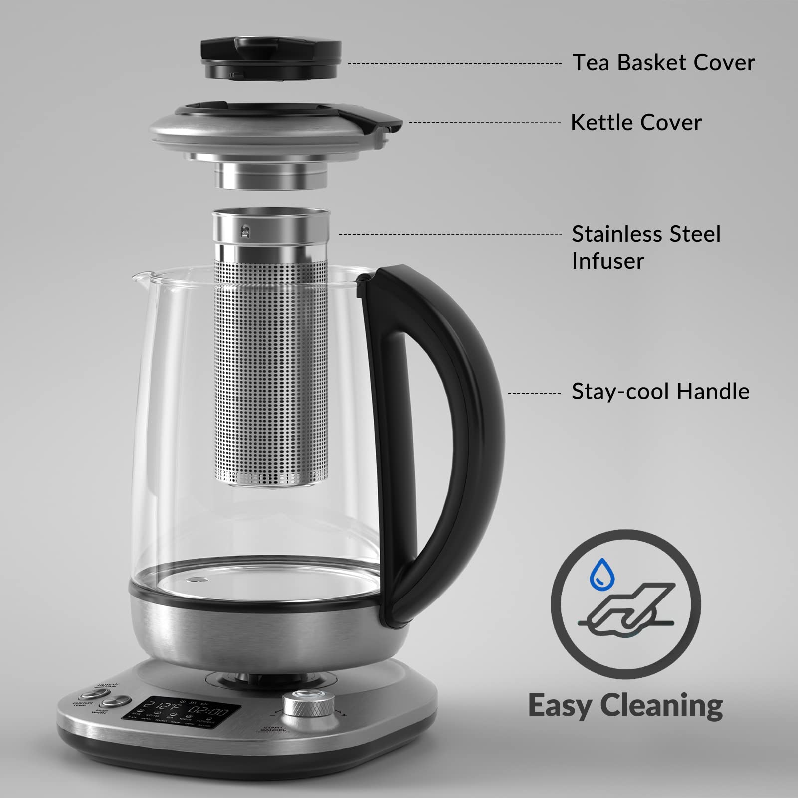 Electric Kettle, INTASTING Wide Opening Glass Kettle with Tea Infuser, 9  Smart Presets, Auto Memory, Mute, 1200W Fast Heating, BPA-Free, Easy to
