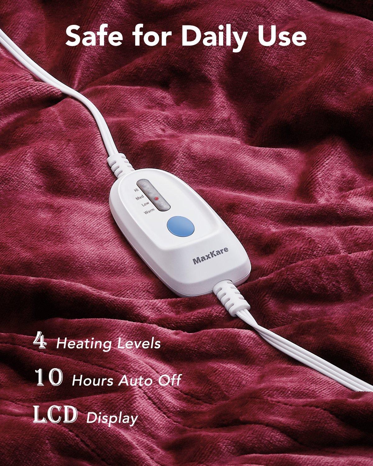 MaxKare Electric Blanket Heated Queen Throw 72" x 84" Oversized Flannel Heated Blanket, ETL Certification Fast Heating with 4 Heating Levels & 10 Hours Auto Off, Machine Washable - NAIPO