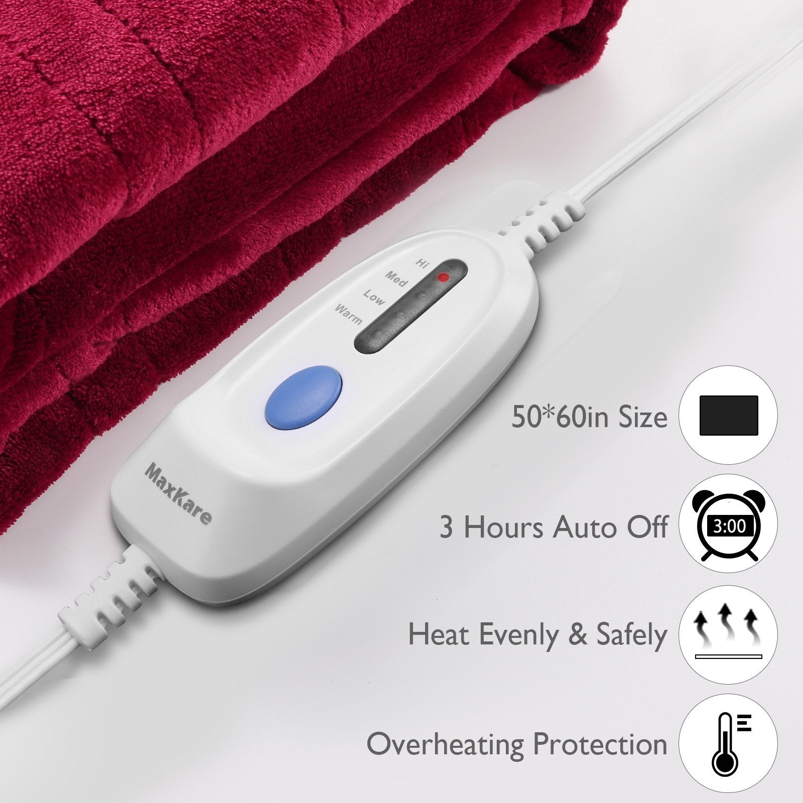 MaxKare Electric Blanket Heated Throw Flannel & Sherpa Fast Heating Blanket 50" x 60", ETL Certification with 4 Heating Levels & 3 Hours Auto-Off Timing Settings, Home Use & Machine Washable - NAIPO
