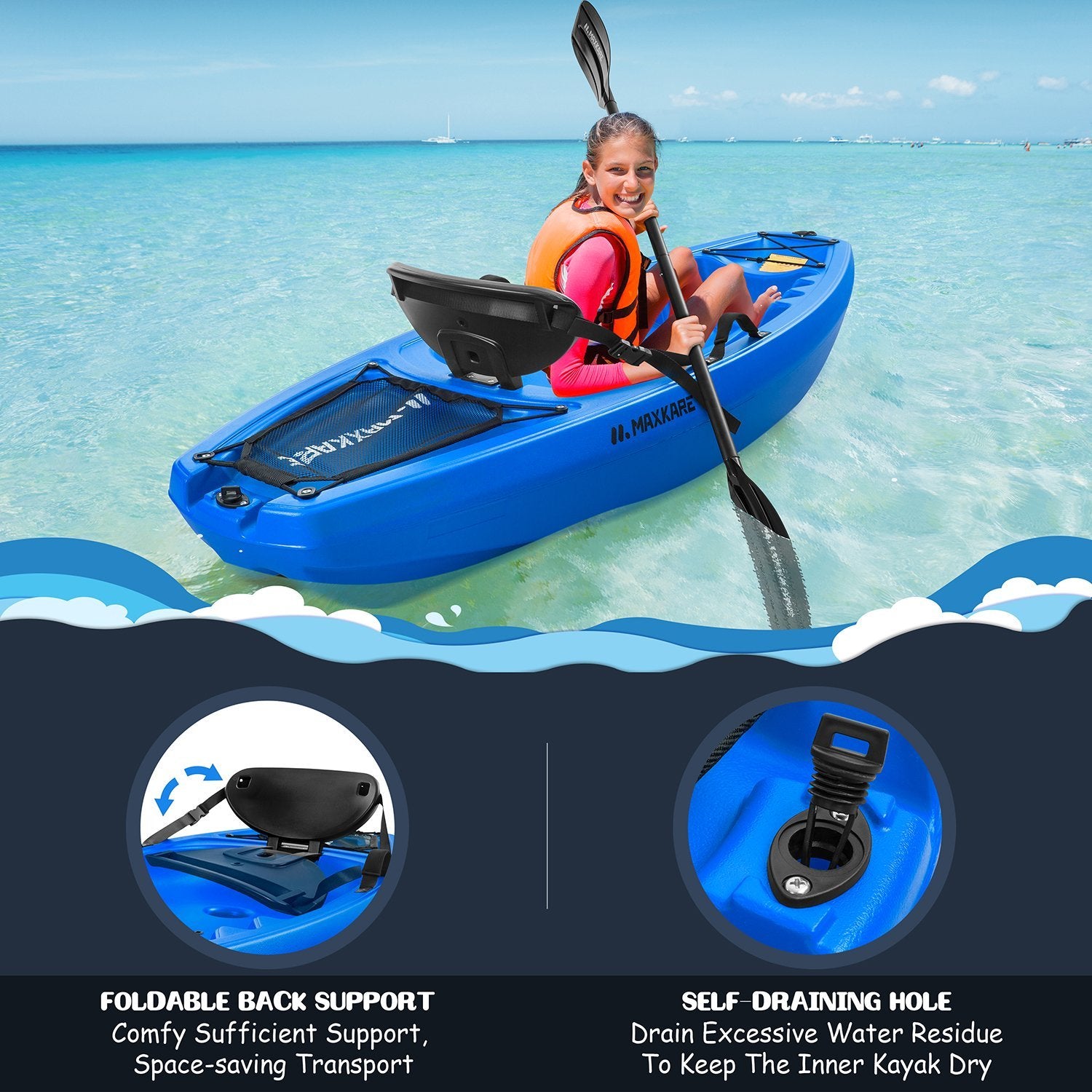 Load image into Gallery viewer, MaxKare Kids Kayak with Paddle &amp; Seat Youth Kayak Sit-On-Top Kayak Foldable 6ft Kayak with Cup Holders Front &amp; Rear Storage Hatches for Ages Years 5 and Up Capacity 121 lbs Blue - NAIPO
