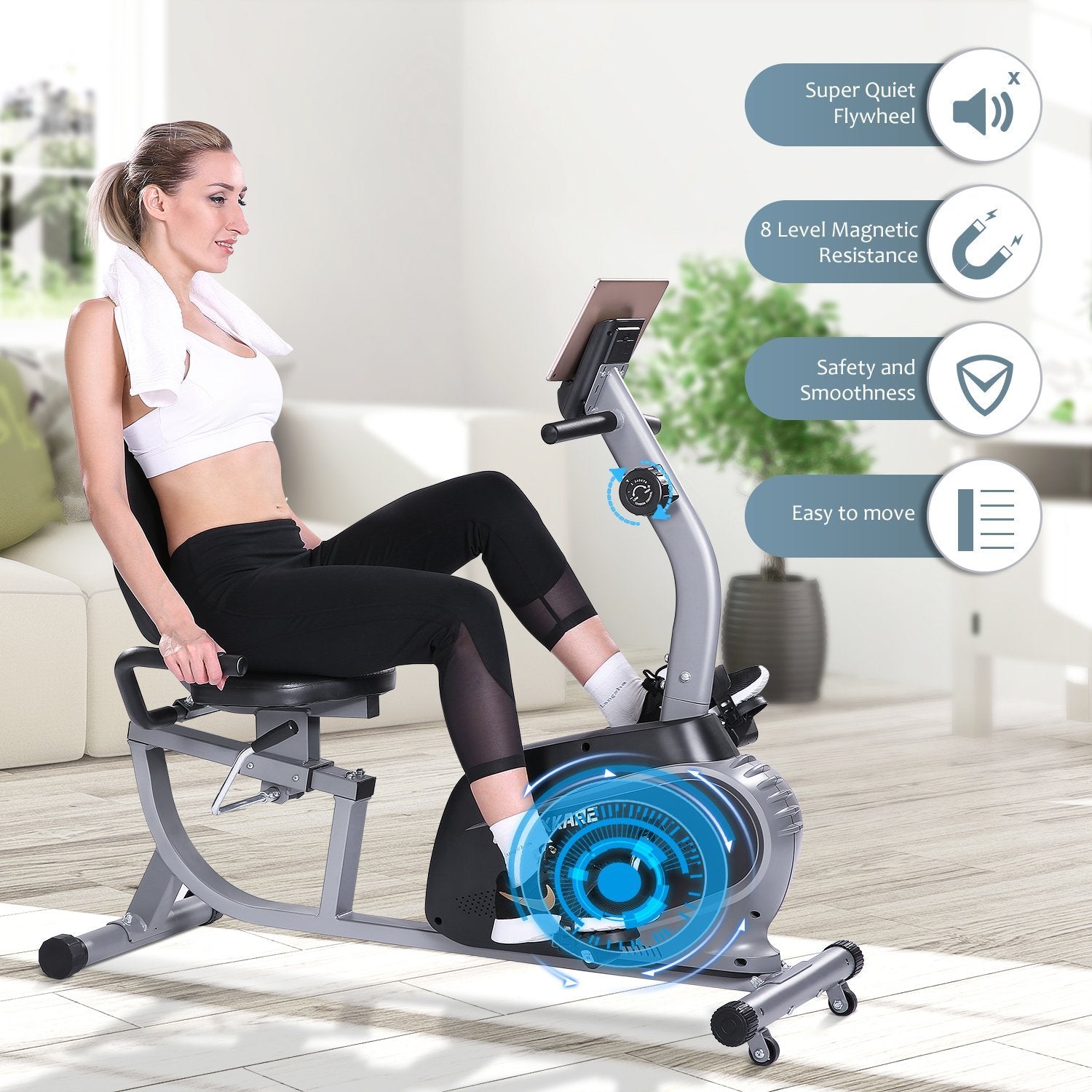 Load image into Gallery viewer, MaxKare Recumbent Exercise Bike Indoor Cycling Stationary Bike with Adjustable Seat and Resistance, Pulse Monitor/Phone Holder (Seat Height Adjustment by Lever) - NAIPO
