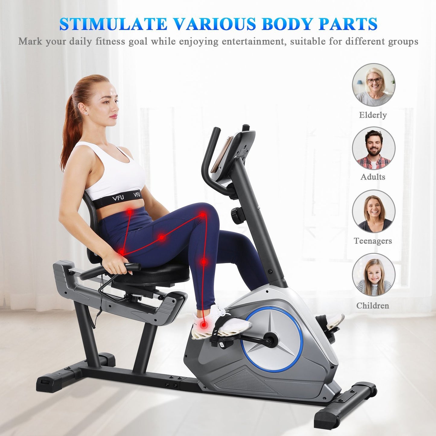 MaxKare Recumbent Exercise Bike Stationary Magnetic Resistance 8 Levels Adjustable Static Indoor Cycling Bike with Large LCD Monitor & Ipad Holder for All Ages - NAIPO