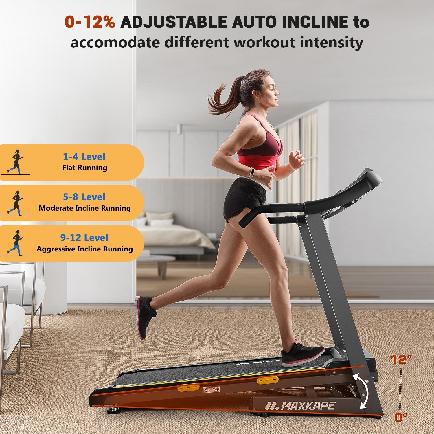 Load image into Gallery viewer, MaxKare Treadmill Auto Incline Folding Treadmill for Home with 12-Level Adjustment,15 Preset Training Programs on Large LCD Display and 2.5HP Power 8.5MHP Max Speed for Office Workout - NAIPO
