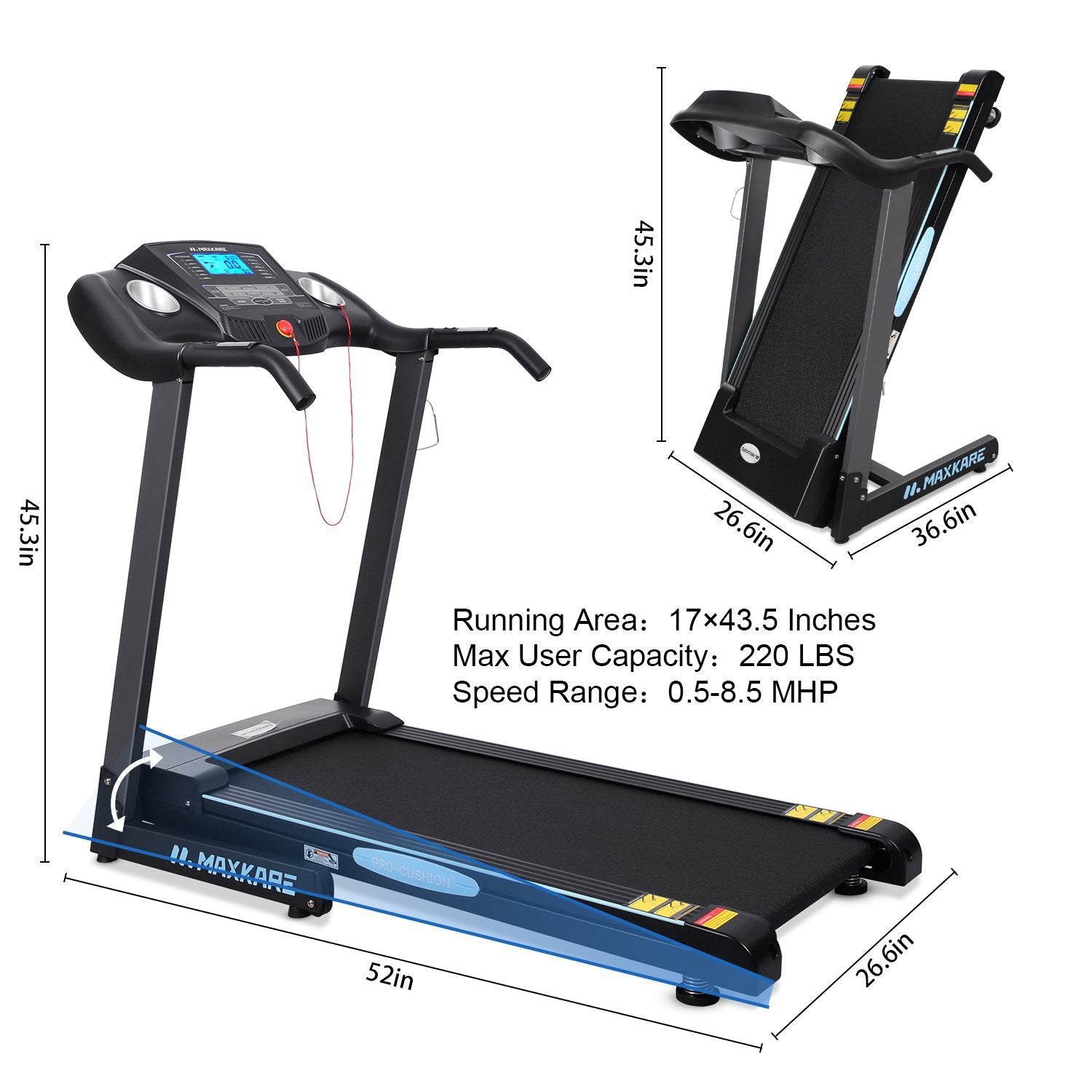 MaxKare Treadmill with 12% Auto Incline Folding Treadmill Running Machine 2.5 HP Power 8.5 MPH Speed with 15 Preset LCD Display for Home Use - NAIPO