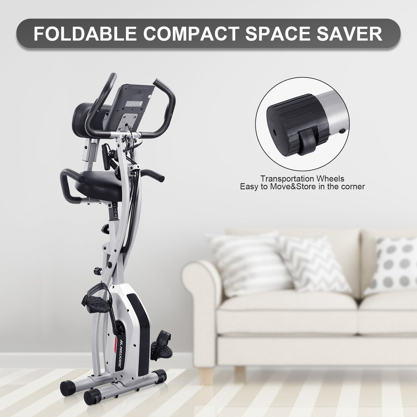 Maxkare Upright Folding Exercise Bike Stationary Recumbent Magnetic Indoor Cycling Bike with Arm Resistance Bands/Adjustable Resistance/LCD Monitor for Home Use - NAIPO