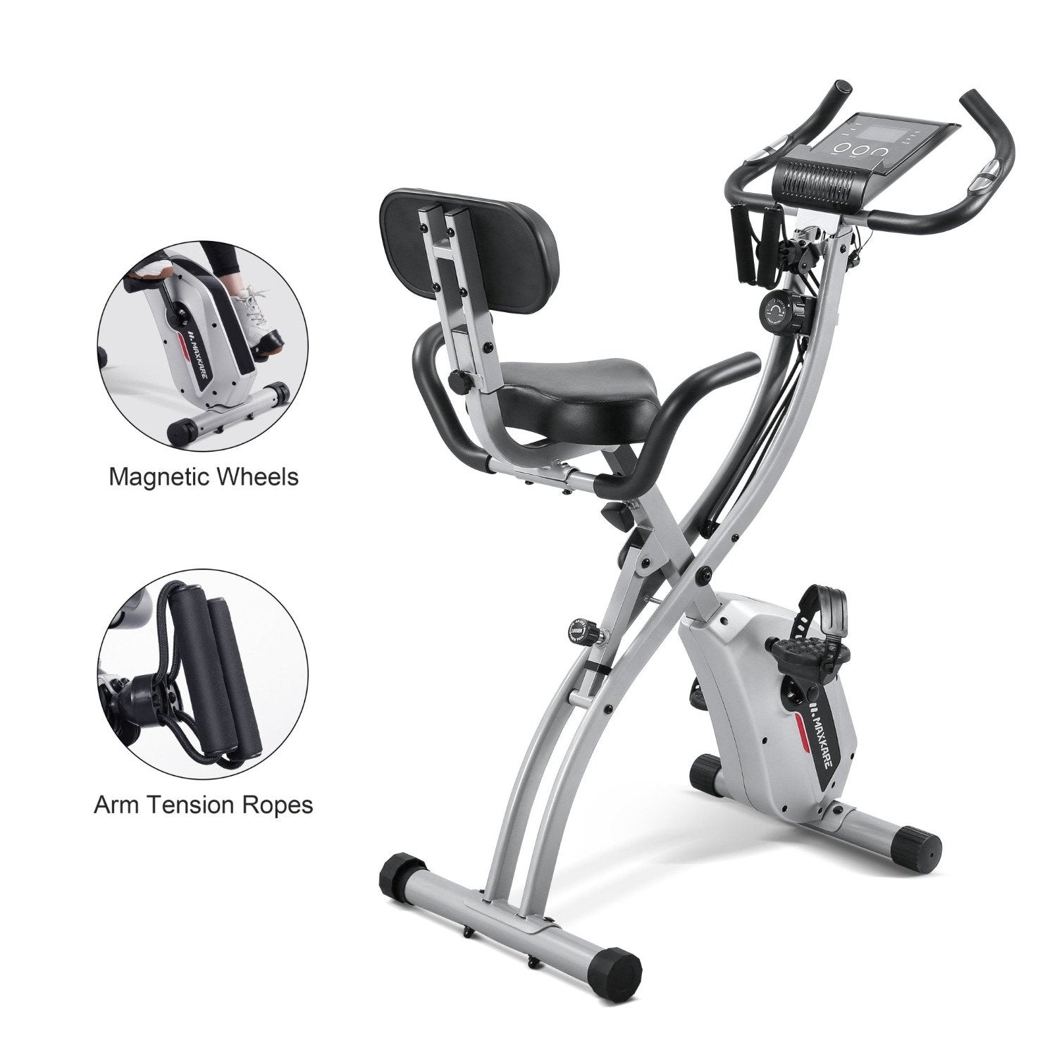 Load image into Gallery viewer, Maxkare Upright Folding Exercise Bike Stationary Recumbent Magnetic Indoor Cycling Bike with Arm Resistance Bands/Adjustable Resistance/LCD Monitor for Home Use - NAIPO
