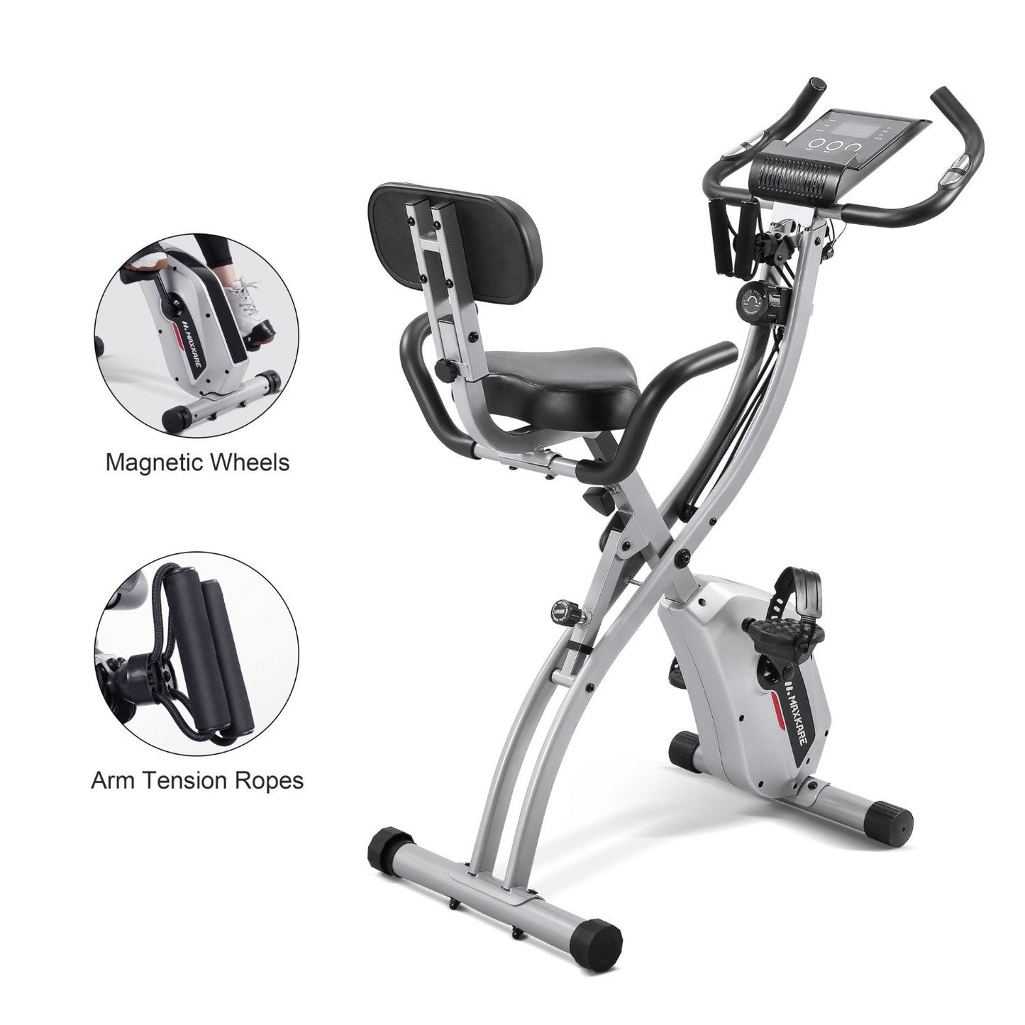 Maxkare Upright Folding Exercise Bike Stationary Recumbent Magnetic Indoor Cycling Bike with Arm Resistance Bands/Adjustable Resistance/LCD Monitor for Home Use - NAIPO