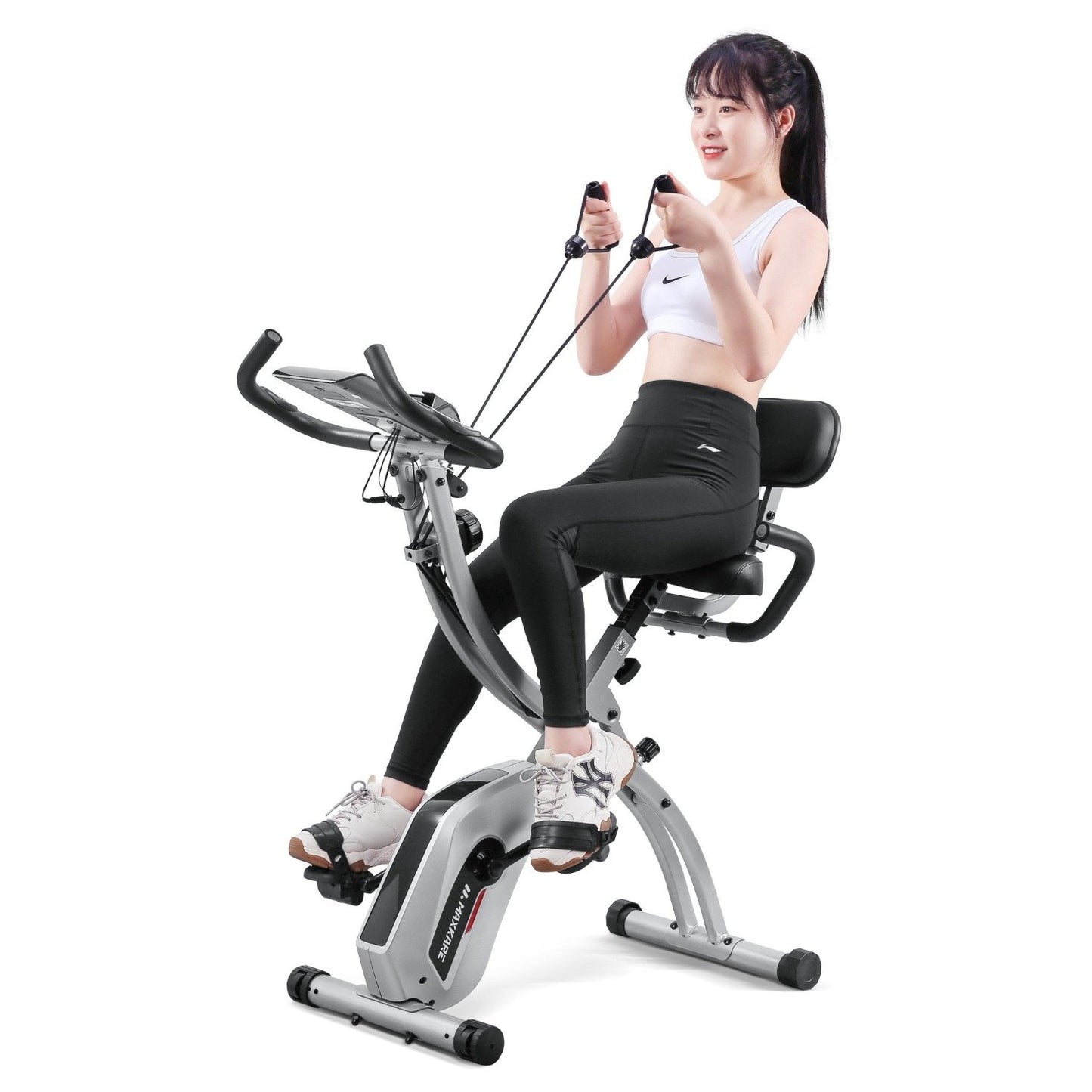 Maxkare Upright Folding Exercise Bike Stationary Recumbent Magnetic Indoor Cycling Bike with Arm Resistance Bands/Adjustable Resistance/LCD Monitor for Home Use - NAIPO