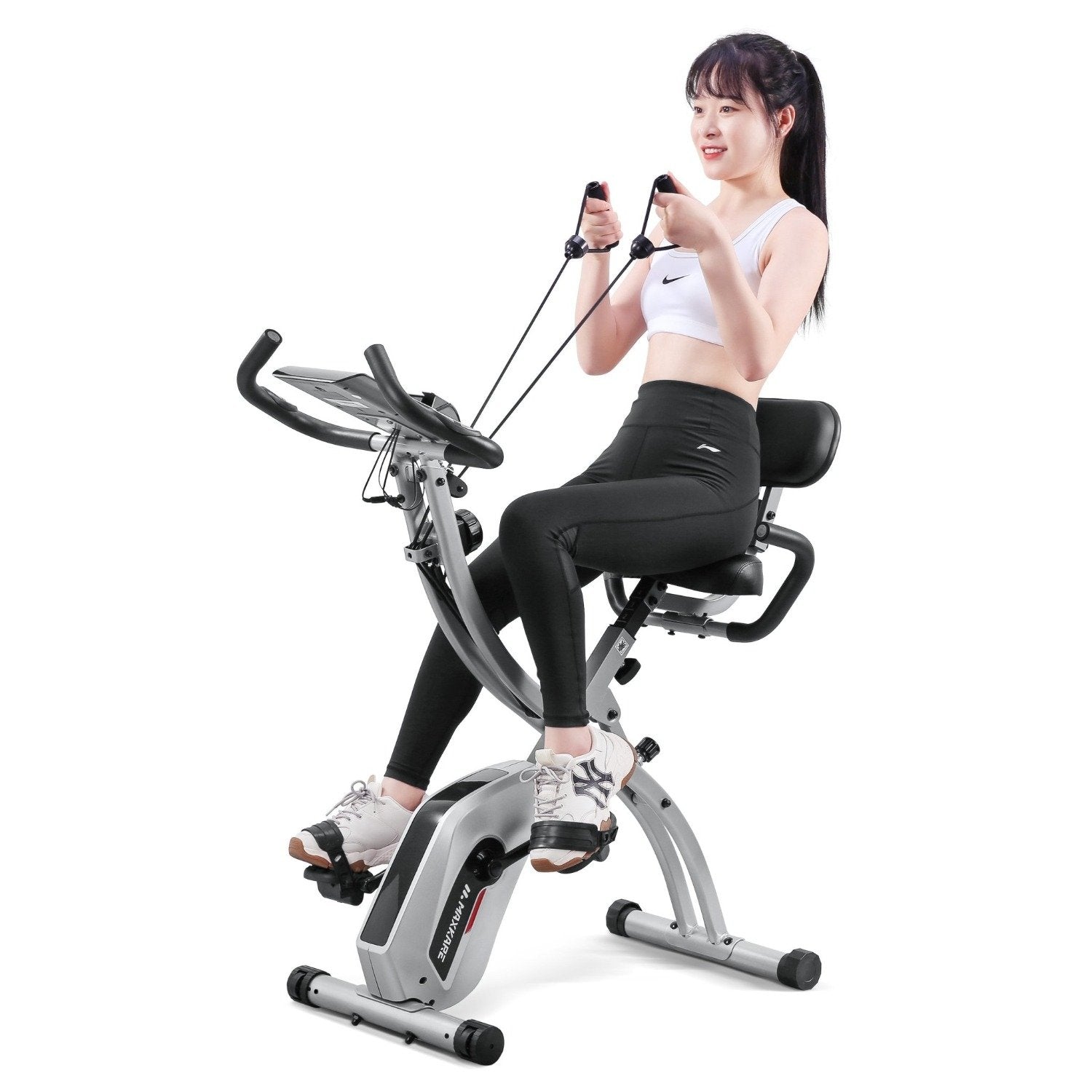 Maxkare Upright Folding Exercise Bike Stationary Recumbent Magnetic Indoor Cycling Bike with Arm Resistance Bands/Adjustable Resistance/LCD Monitor for Home Use - NAIPO