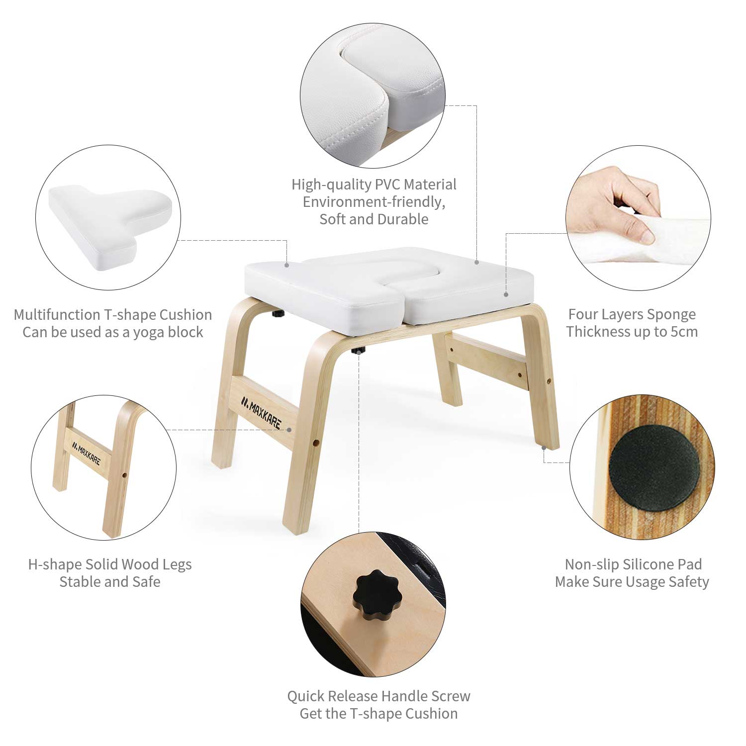 MaxKare Yoga Headstand Bench Head Stand Wood Inversion Chair Stool Handstand with PVC Pads for Workout, Home Gym Unisex- Relieve Fatigue and Tone Muscle - NAIPO