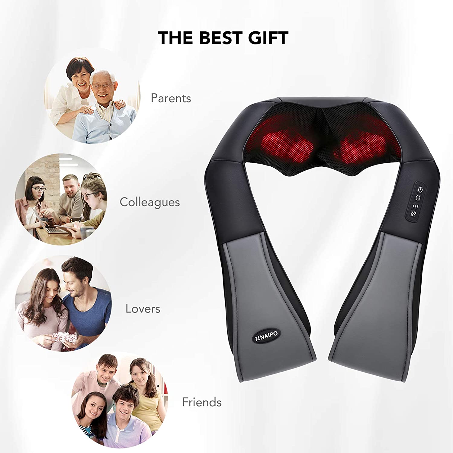 Naipo Shiatsu Back and Neck Massager with Heat 3D Deep Kneading Massage for Back, Shoulders, Foot, and Legs (Gray) - NAIPO