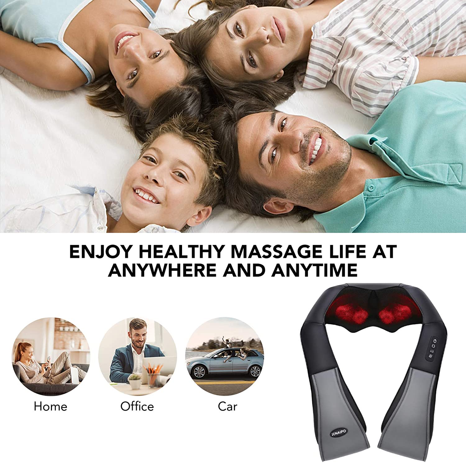 Naipo Shiatsu Back and Neck Massager with Heat 3D Deep Kneading Massage for Back, Shoulders, Foot, and Legs (Gray) - NAIPO