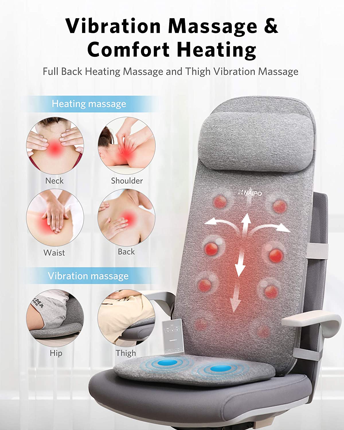 Naipo Shiatsu Massage Cushion with Heat and Vibration, Massage Chair P –  MAXKARE