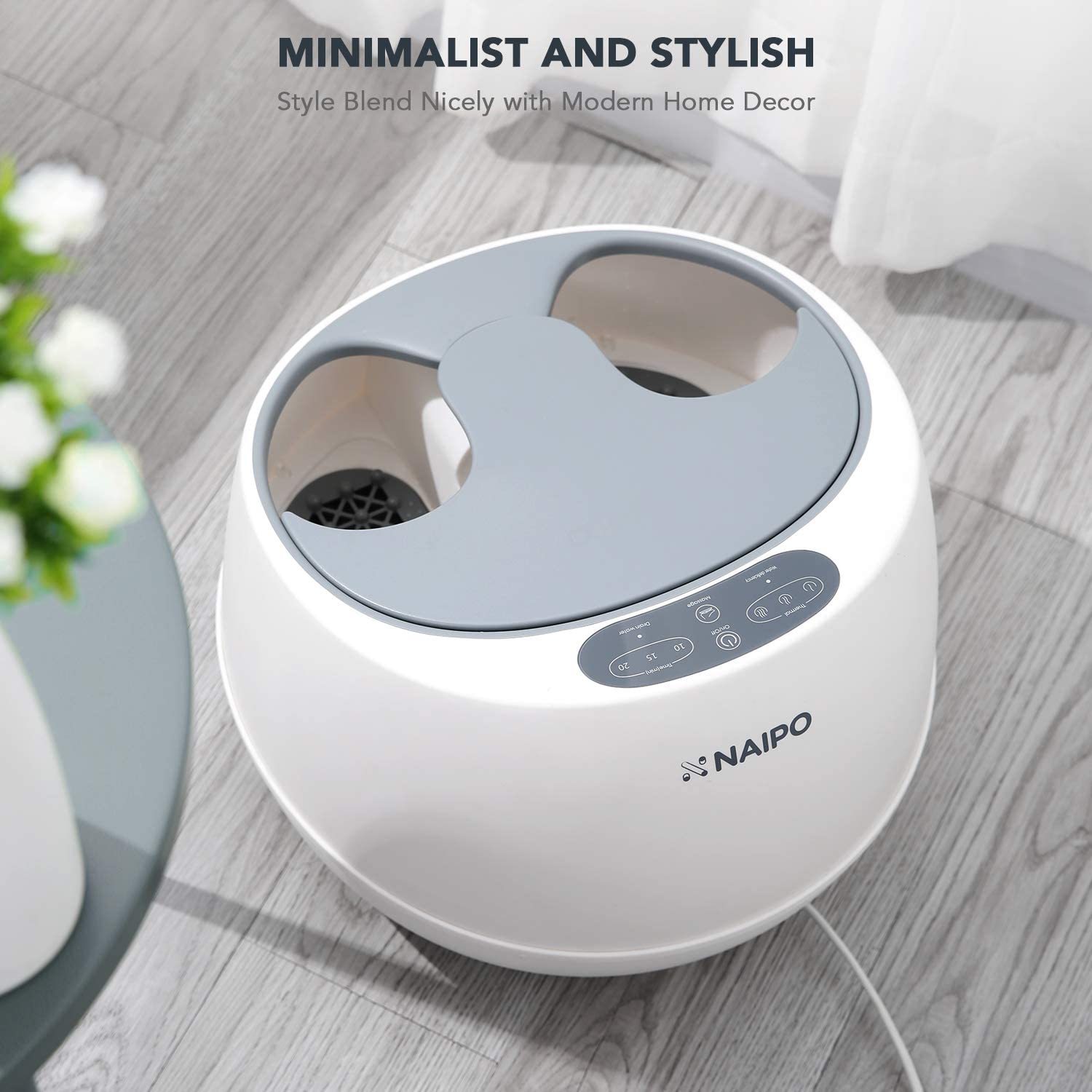 oFlexiSpa Steam Foot Spa Bath Massager with Electric Rollers, 3 Heating Levels and 2 Intensities for Feet Reflexology, 3 Adjustable Timers, Soothe Tired Feet, Water Saving Technology for Home Use - NAIPO