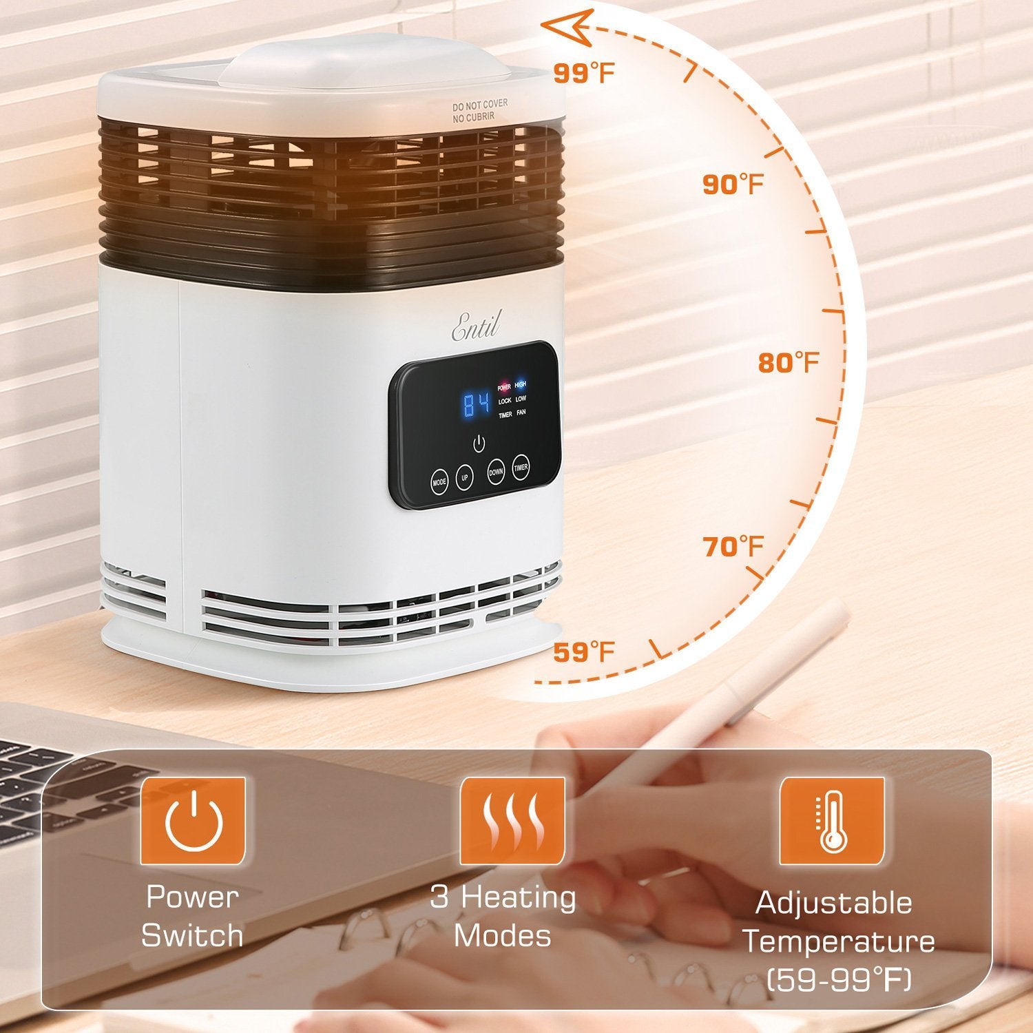 Space Heater, Electric Portable Fan Heater, 1500W, Fast Heating with Remote Control, 3 Heating Modes, Adujstable Thermostat & 1-12Hrs Timer, Tip-Over & Lock Protection Indoor Use Home Office Bathroom - NAIPO