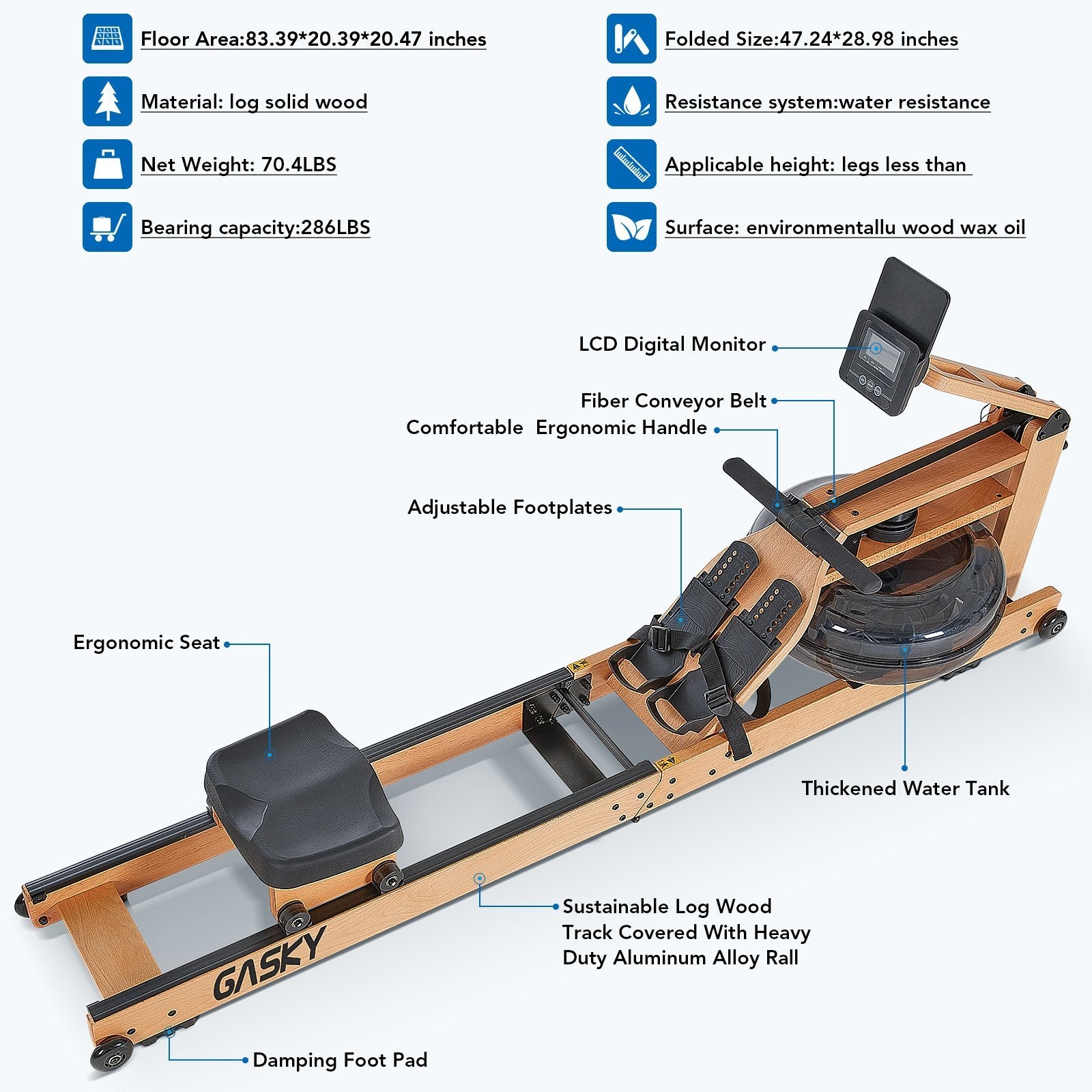 Load image into Gallery viewer, Water Rowing Machine for Home Use Oak Wooden Rower with LCD Monitor - NAIPO
