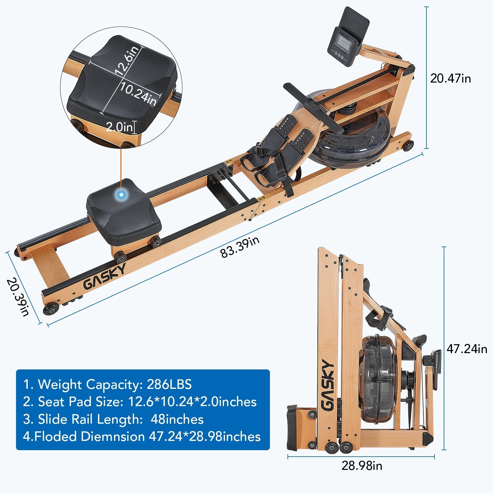 Water Rowing Machine for Home Use Oak Wooden Rower with LCD Monitor - NAIPO