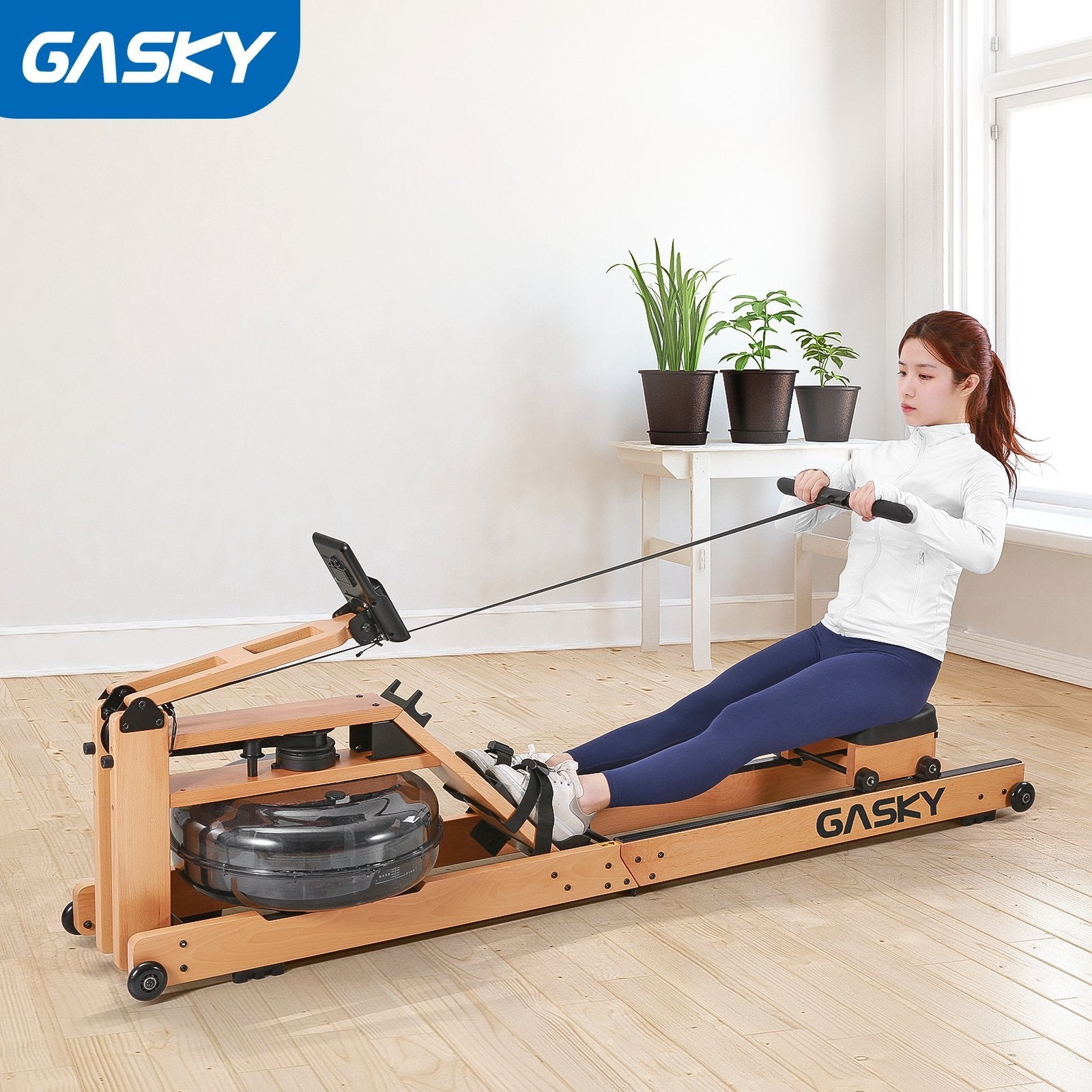 Water Rowing Machine for Home Use Oak Wooden Rower with LCD Monitor - NAIPO