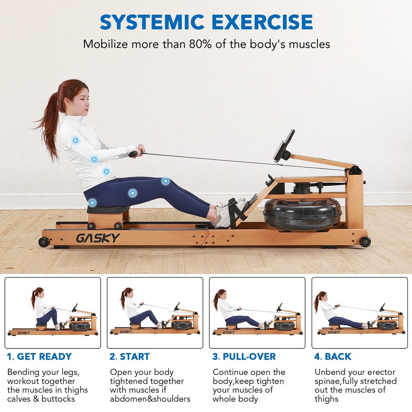 Water Rowing Machine for Home Use Oak Wooden Rower with LCD Monitor - NAIPO