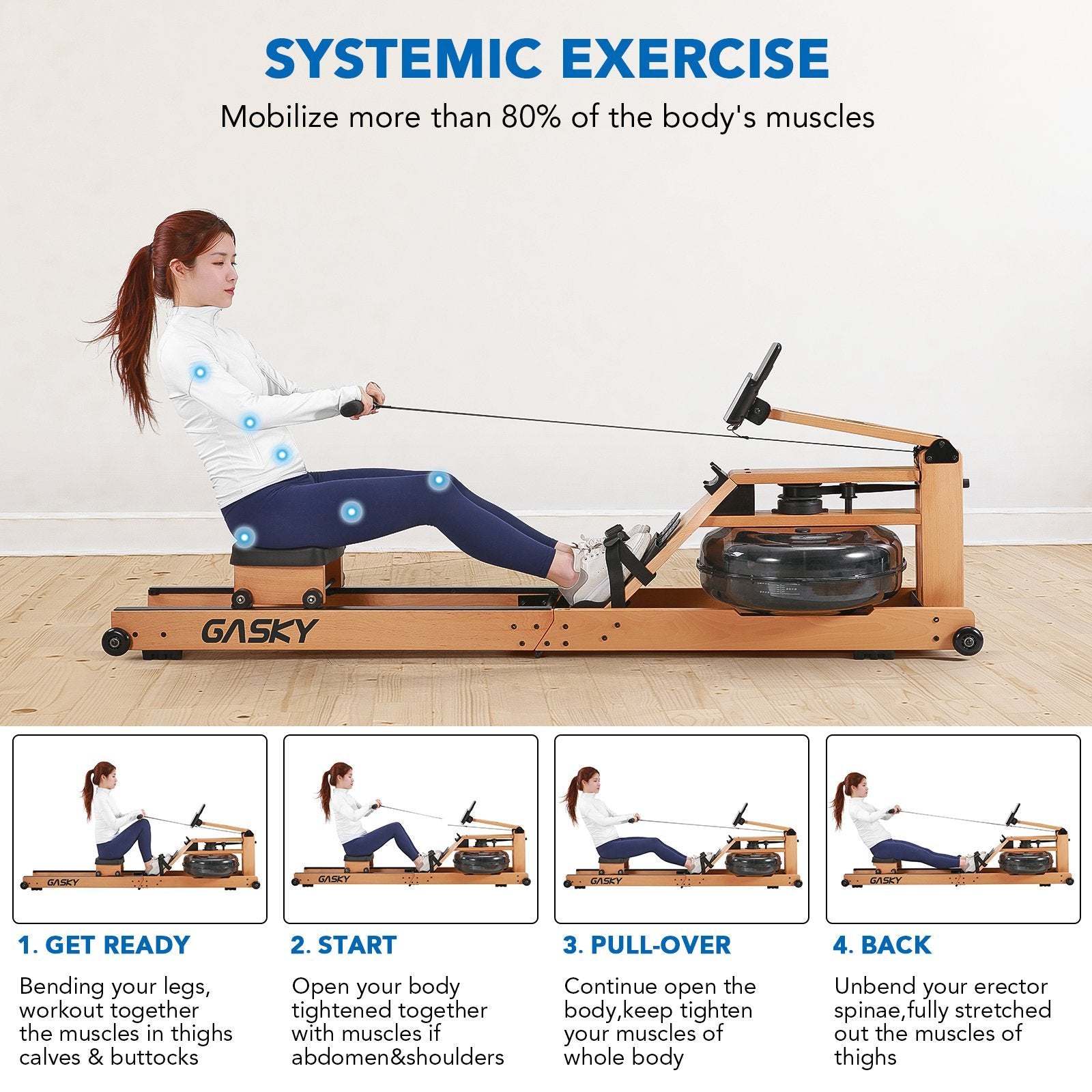 Water Rowing Machine for Home Use Oak Wooden Rower with LCD Monitor - NAIPO
